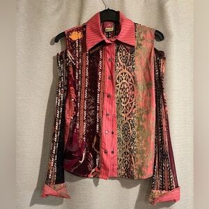 Save The Queen! Coated ButtonDown Grungecore Artsy Print Long Sleeve Mesh Blouse